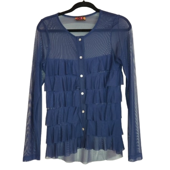Isle By Melis Kozan Cha Cha Ruffle Mesh Long Sleeve Sheer Navy Blue Top Size S - Picture 2 of 10